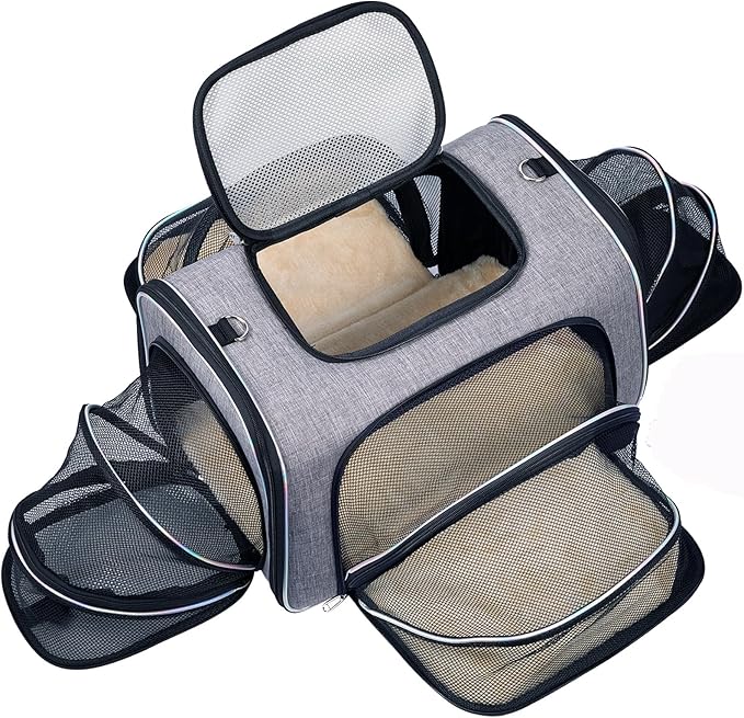 Airline Approved Cat Carrier Under Seat, 4-Way Expandable & Collapsible Soft-Sided Pet Carrier with Removable Fleece Pad - TSA Compliant for Cats, 18x11x11.5in Car & Plane Travel, Vet Visits