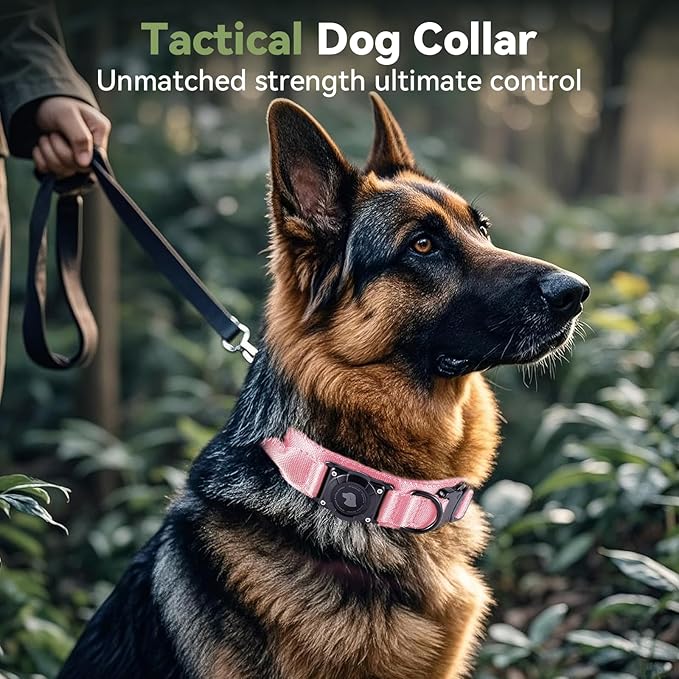 2025 Upgrade Waterproof AirTag Dog Collar, Military Tactical Dog Collar with AirTag Holder, Comfortable Control Handle and Metal Buckle, GPS Dog Collar Holder for Medium to Large Dogs (Pink, M)
