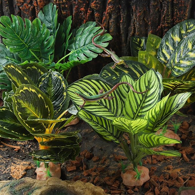 IBWell Reptile Plants - Tortoise Habitat Accessories, Artificial Spider Plant for Gecko, Ball Python, Terrarium Decor - Monstera