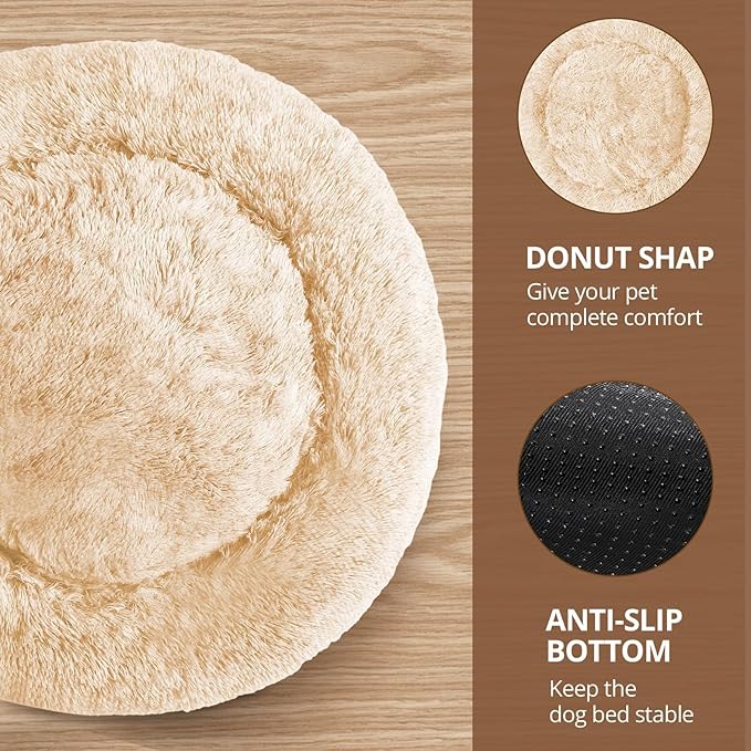 JOLLYVOGUE Calming Dog & Cat Bed for Small Dogs, Anti-Anxiety Donut Cuddler Cozy Soft Round Bed with Anti-Slip Bottom, Fluffy Faux Fur Plush Cushion Beds for Small Medium Dogs (23")