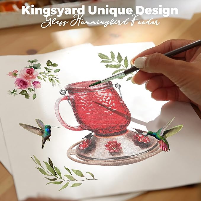 Kingsyard Glass Hummingbird Feeders for Outdoors, 16 Oz Wild Bird Feeder 6 Feeding Ports & Ant Moat Included, Hanging Bird Nectar Feeder Garden Red Décor Gifts for Mom, Red