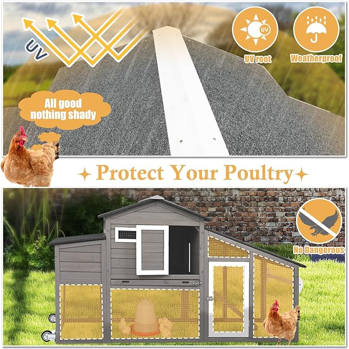 Chicken Coop with Wheels, Weatherproof Outdoor Chicken Hen Houses with Run, 2 Story Wooden Poultry Coops Rabbit Hutch for 2-3 Chickens Bunny with Leakproof Tray, Nesting Boxes, Ramp