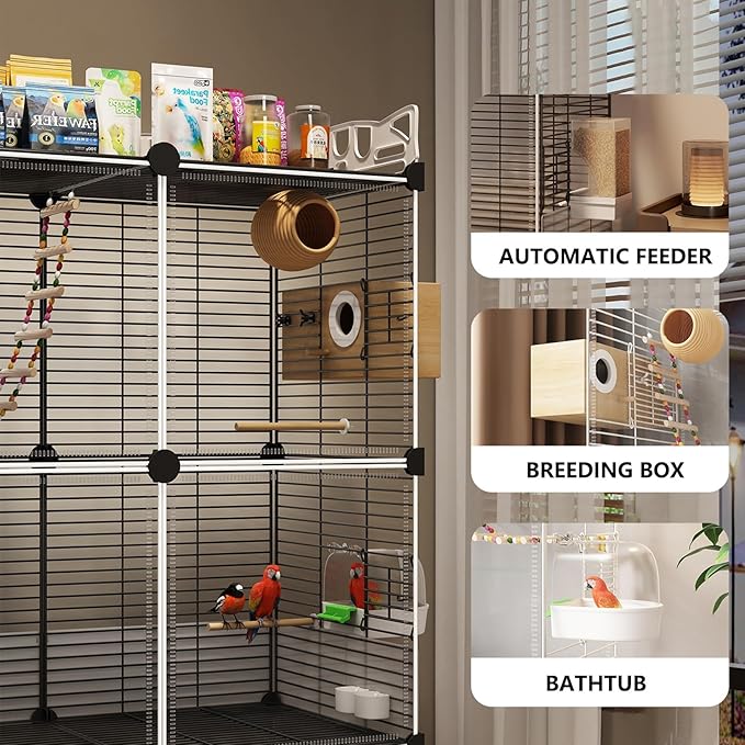 Large Parrot Cage with Acrylic Doors, 4 Casters, Perch & Feeder, Detachable Drawer, Ideal for Cockatiels, Budgies, Conures, Indoor/Outdoor Use – Spacious White Birdcage(White,72 * 36 * 106)