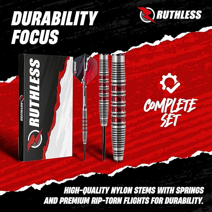 RUTHLESS Red Falcon Professional Tungsten Steeltip Darts Set in 22g and 24g, with Flights and Stems Shafts