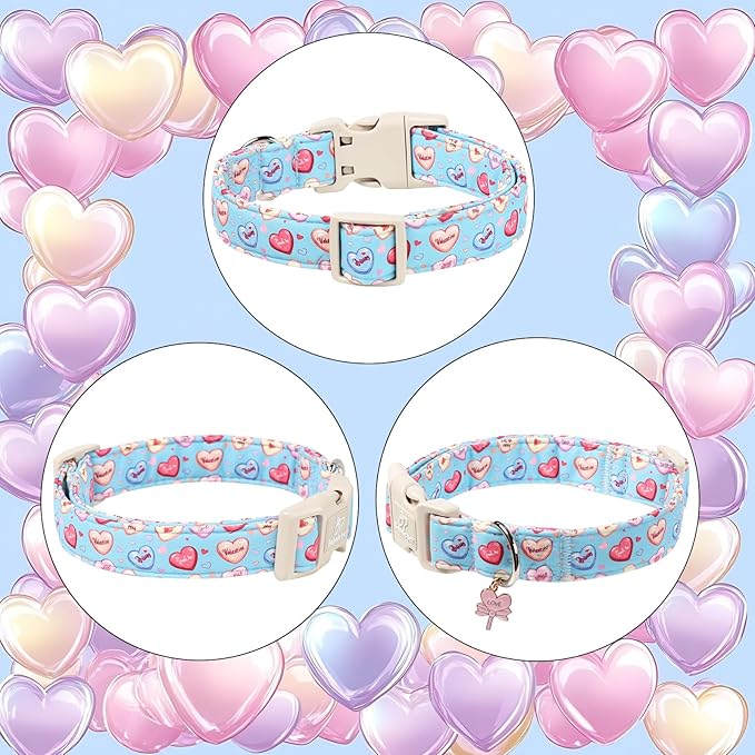 Valentines Dog Collar for Large Dogs - Valentine Candy Hearts Dog Collars, Love Boy Girl Dogs Collars, Lightweight Adjustable Cute Blue Puppy Collar with Quick-Release Buckle XL