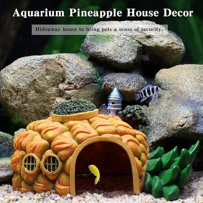 Tfwadmx Aquarium Decorations Resin Pineapple Fish Tank House Hermit Crab Hideout Cave Shelter Decor Underwater Landscape Hut Aquarium Ornament for Shrimps Breeding Hiding