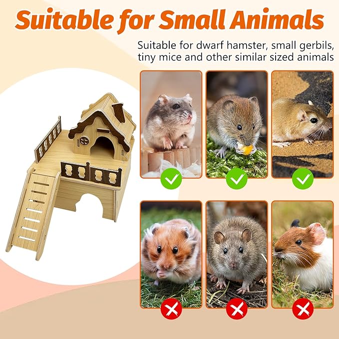 Hamiledyi Wooden Hamster House Hideout Mouse House with Ladder and Platform Cute Habitat Hut Small Animals Cage Accessories for Dwarf Hamster Mice Gerbil and Other Similar Sized Animals