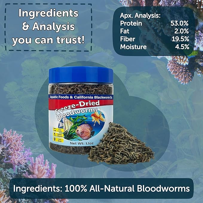 Aquatic Foods Inc. Bloodworms, Grade A Freeze Dried Floating Bloodworms for Cichlids, Discus, Goldfish, Bettas, Angel Fish, Marine Fish, 12-Type Pellet Mix & 4-Type Wafer Mix Included..4.6oz Canister