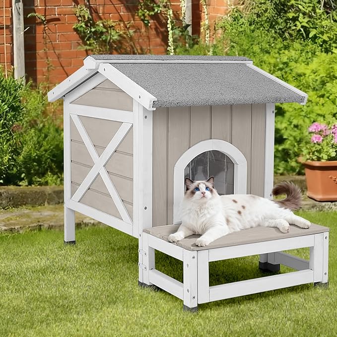 PetsCosset Outdoor Cat House Weatherproof with Balcony Feral Cat Shelter for Outside, Wooden Pet House with Openable Roof, Raised Base, Escape Door