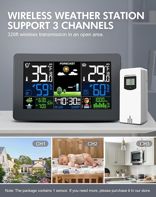 Weather Station Wireless Indoor Outdoor Thermometer, Digital Thermometer with Remote Sensor, Large Display Home Weather Stations with Weather Forecast, Atomic Clock, Barometric Pressure, Moon Phase