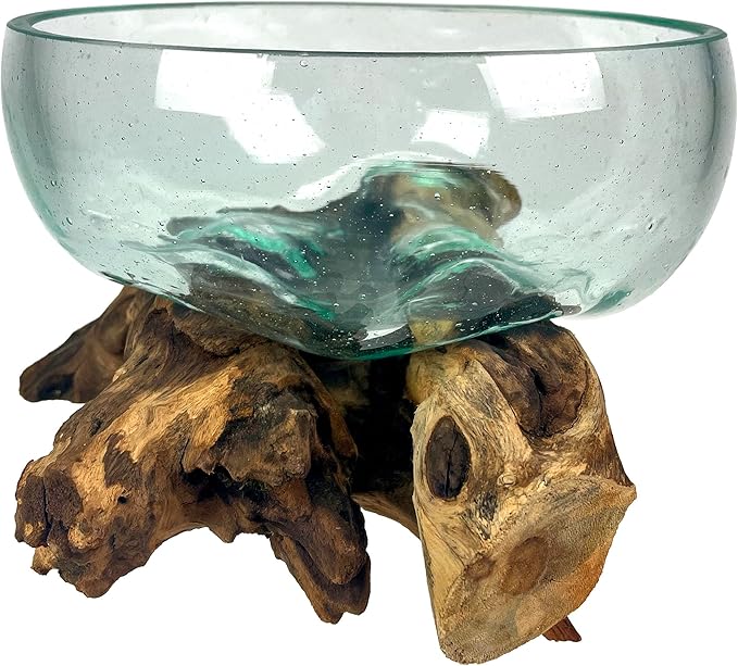 Molten Glass Bowl on Driftwood, 10 Inch Low Wide Hand Blown Decorative Bowl, Unique Natural Wood and Glass Sculpture, Table Centerpiece, Planter or Terrarium, Driftwood and Glass Bowl Decor for Home