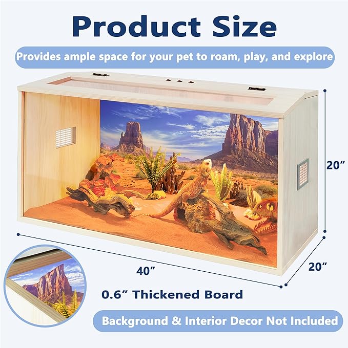 PROLEE Tempered Glass Bearded Dragon Tank,Wooden Reptile Tank and Lizard Tank, Large Bearded Dragon Enclosure with Built-in Lamp Fixture, Snake Tank (Wooden-Topped roof, 40inch,60 Gallons)