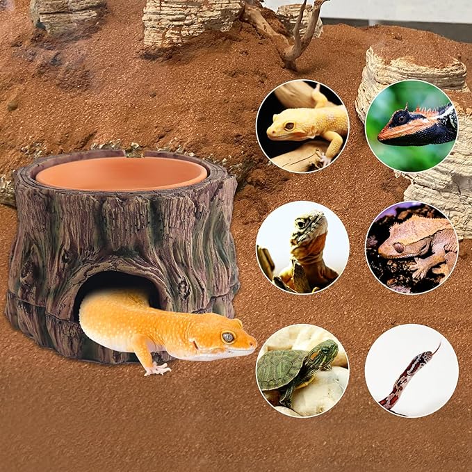 3 in 1 Reptile Hide Cave with Humidifying Basin & Detachable Base, Terrarium Tank Decor Moisture Keeping Hideout Cave for Small Reptiles Crested Gecko, Leopard Gecko, Lizard, Snake, Crabs