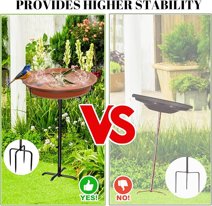 28In Freestanding Birdbaths Bowl Outdoor, Free Standing Garden Bird Bath Bird Feeder Bowl with Metal Stake, Detachable Decoration Spa Birdfeeder for Garden Patio Yard Lawn, 4 Spiky Feet (Brown)