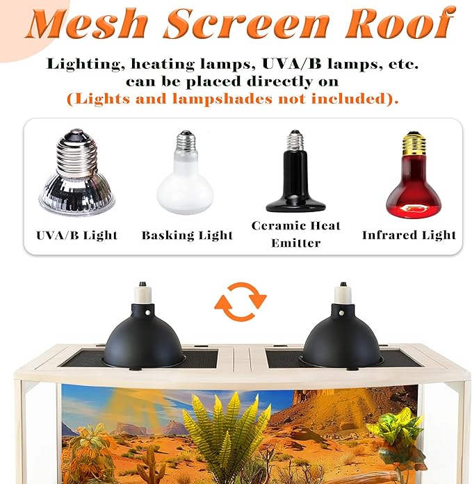 PROLEE Bearded Dragon Tank, Curved Reptile Enclosure with 3-Side Clear Acrylic Panels, Spacious Lizard Tank with Metal Mesh Top and Lockable Door for Reptile Habitat (Oak, 40" Length,60 Gallons)