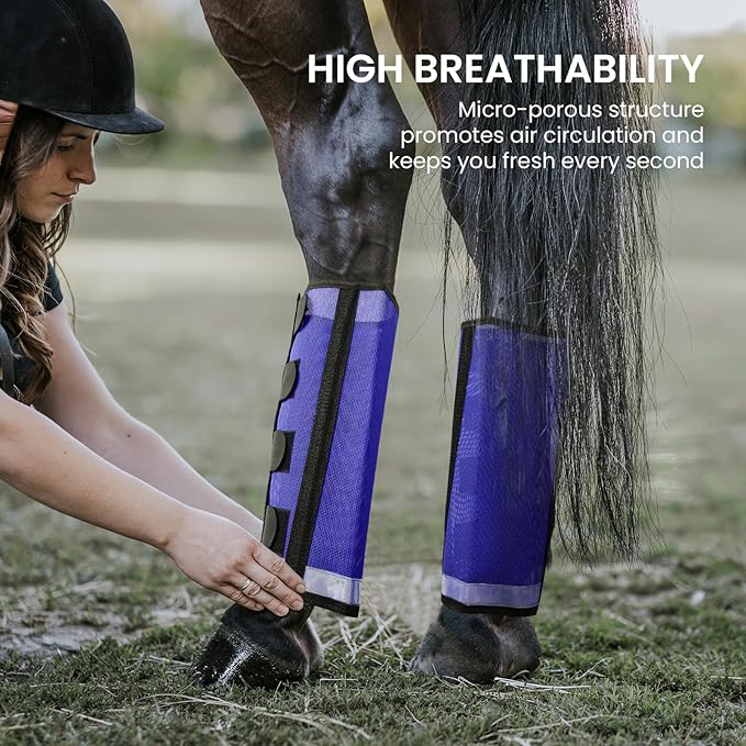 Fly Boots for Horses Set of 4 Leg Wraps Protection, Mesh Horse Fly Leggings Breathable Tendon Boots for Reduces Stomping & Leg Fatigue Dark Blue Large