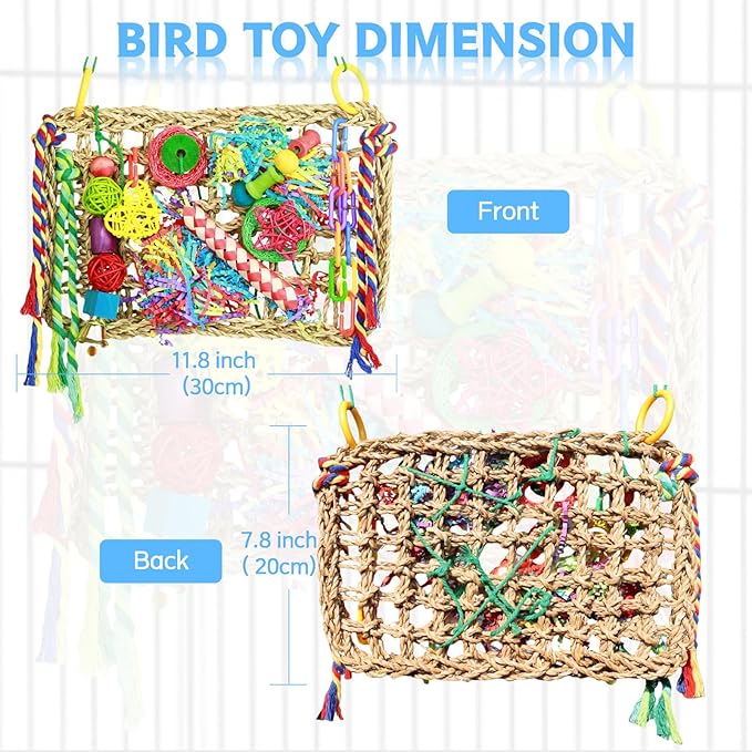 Bird Toys, Large Size Parrot Toy, Parakeet Toys for Bird Foraging Conure Hammock Swing,Grass Mat with Colorful and Various Chew Toys for Climb, Shredder, for Cockatiel, Lovebird(Large)