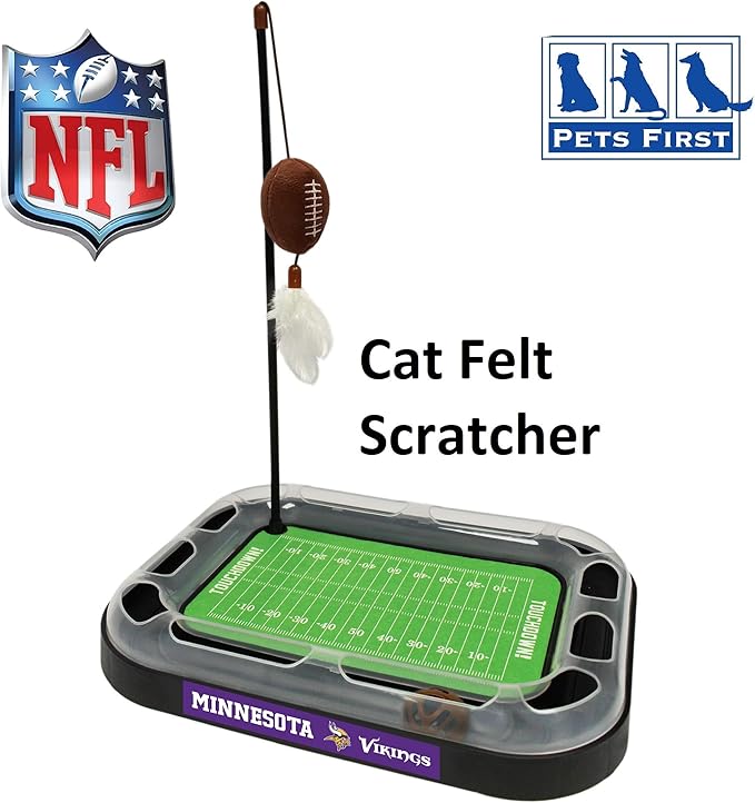 NFL Minnesota Vikings Football Field Cat Scratcher With Catnip Filled Plush Football & Feather Toy Hanging, Jingle Bell Interactive Ball Chasing 5-in-1 Kitty Toy