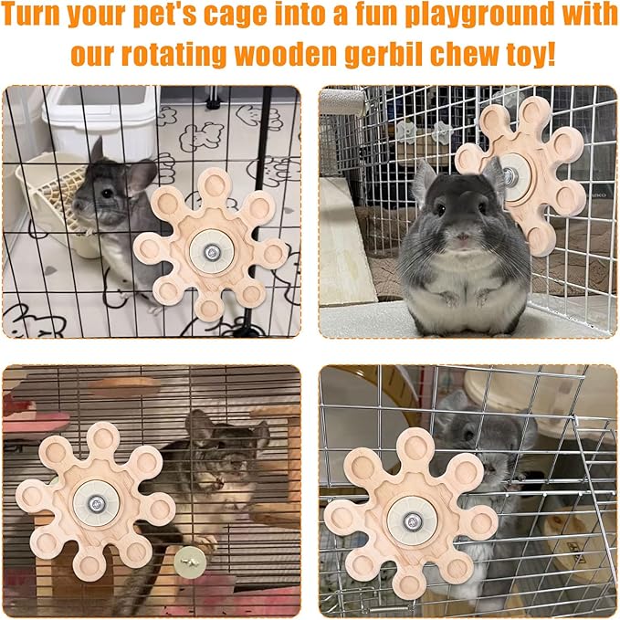 Rotating Natural Wood Chinchilla Chew Toys, Interactive Enrichment Rat Enrichment Toys for Teeth Grinding, Hanging Exercise Chinchilla Cage Accessories Wheel for Hamster Guinea Pig (6.3 in)