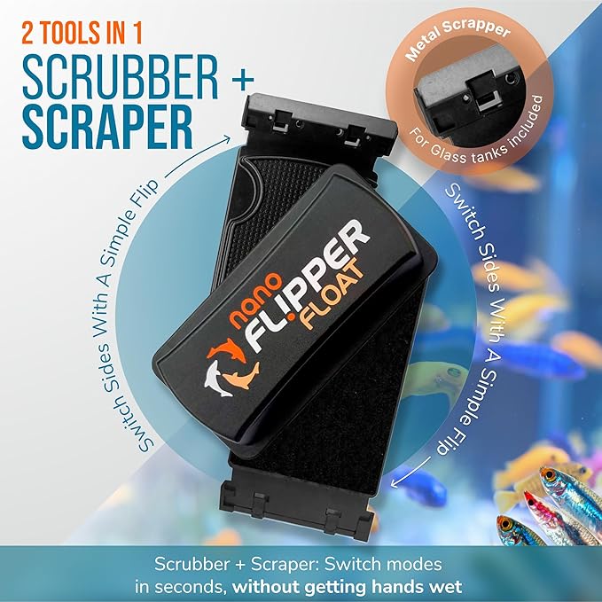 FLIPPER Float Nano Magnetic Aquarium Cleaner – 2-in-1 Flip Scrubber and Scraper, Floating Design with Strong Magnets for Algae and Debris Removal on Small Glass Tanks up to 1/4" (6mm)