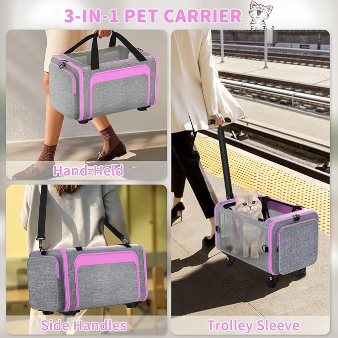 Pet Carrier with Detachable Wheels, TSA Airline Approved Rolling Cat Carrier for Small Dogs and Cats up to 15Lbs, Sturdy Frame & Smooth 360° Wheels for Travel & Vet - 18" L x 11" W x 11"