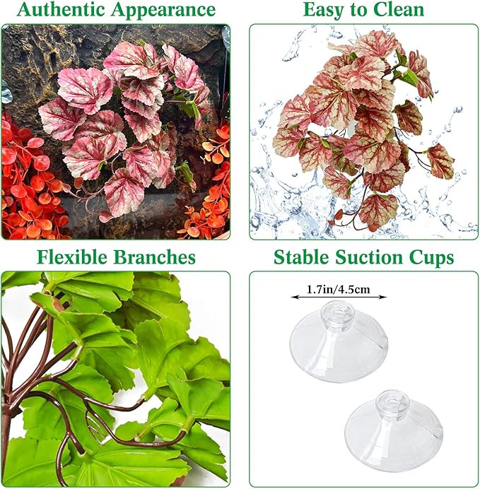 VCEPJH Reptile Plants with Suction Cup Amphibian Habitat Decor 2 Pcs Artificial Leaves for Terrarium Decor Crested Gecko Tank Accessories for Bearded Dragon, Lizard, Snake (Scarlet Saxifrage)