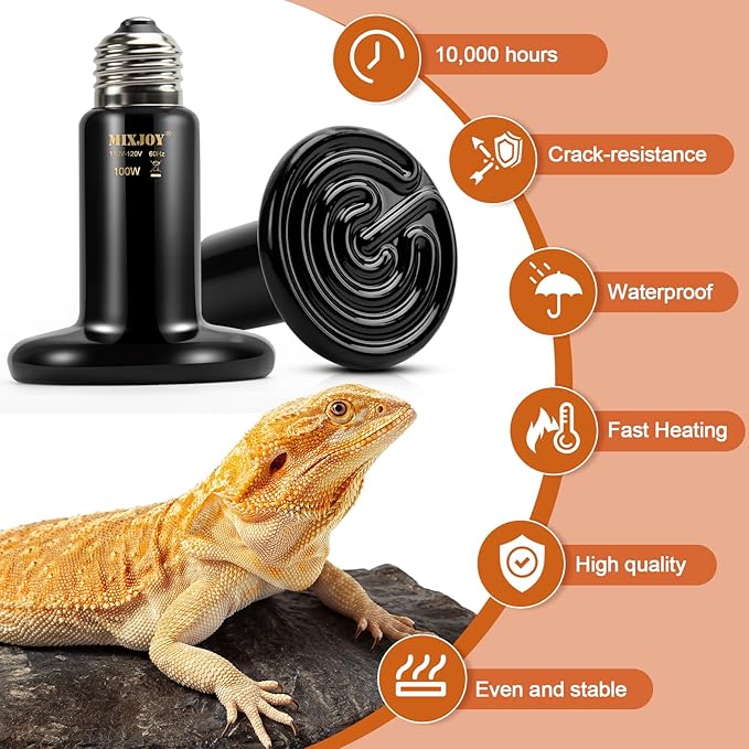 MIXJOY 100W Reptile Heat Lamp 2Pack Ceramic Heat Emitters Reptile Heat Lamp Bulbs, No Light Emitting Ceramic Heat Bulbs for Amphibian Terrarium Gecko Lizard Bearded Dragon Turtle Chicken Snake