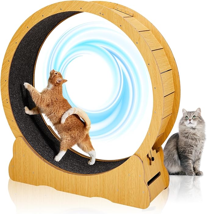 Outvita Cat Exercise Wheel for Quiet Running Indoor Use, 39.4" Cat Treadmill with Detachable Carpet, Cats Exerciser Helps Cats to Lose Weight and Keep Health, Easy to Install (Natural Wood)