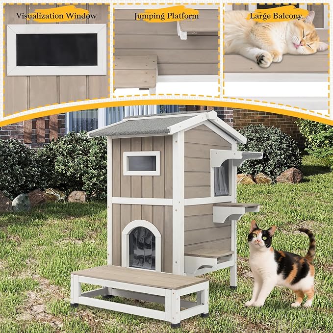 PetsCosset Insulated Outdoor Cat House Weatherproof, 2-Story Feral Cats Shelter Clawsable Cat House with Insulated Cat Scratching Cloth, Openable Asphalt Roof, Balcony, 4 Door, 2 Platforms