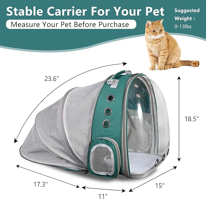 Cat Backpack Carrier Back Expandable Bubble Pet Carrier Backpack for Large Cat, Kitten and Dog, Designed for Hiking, Travelling and Outdoor Use (Back Expandable-Green)