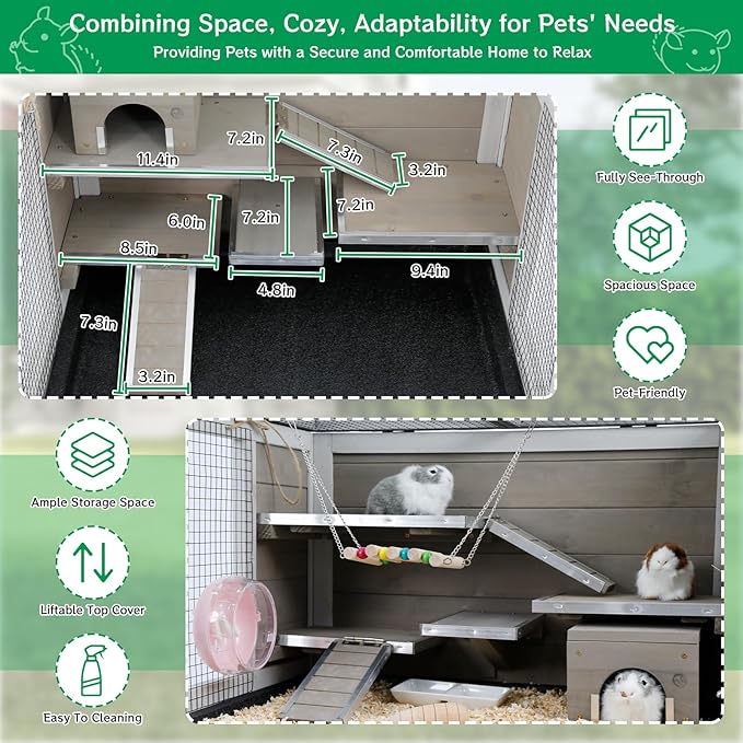 PetsCosset Guinea Pig Cages Wooden Hamster Cage Indoor with Stand and Storage Outdoor Small Animals Habitat with Metal Edges Ramps Hideout House,No Leak and Pull Out Tray, Easy Clean