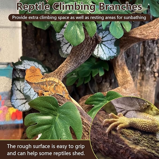 BNOSDM 4PCS Natural Reptile Climbing Branches Decor,0.8-1.2" Thick Snake Climbing Forest Wood with Plant Leaf Decor,Lizard Forest Branch,Geckos Tank Tree Trunk Accessories for Bearded Dragons