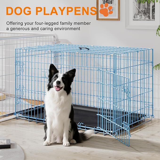 FDW Large Dog Crate 42inch Dog Cage Foldable Metal Kennel with Leakproof Tray Foldable Design Indoor Outdoor Use for Large Dogs,Blue