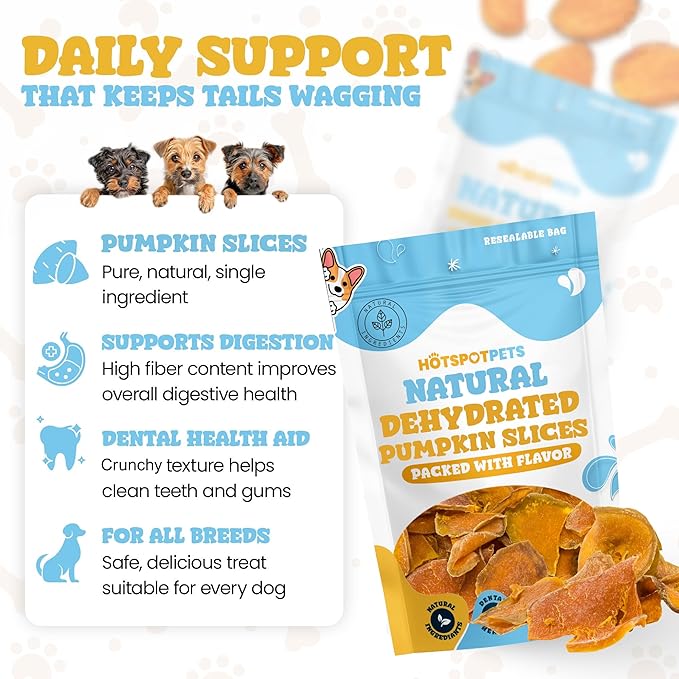 Dehydrated Natural Pumpkin Slices for Dogs- Crunchy Treats- 1lb Stay Fresh Resealable Bag, All-Natural- High Protein, Great For Sensitive Stomachs, Low Fat, A Healthy Rawhide Alternative for All Dogs