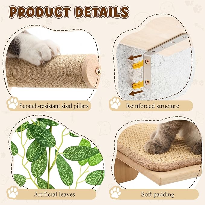 Novabright 3 Pcs Cat Wall Shelves Set, Double-Layer Platform Cat Wall Furniture & 2 Wood Scratching Steps, Wall-Mounted Space-Saving Climbing System for Indoor Kitty, Easy Install