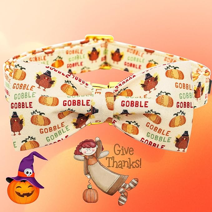 Adjustable Dog Collar for Small Dogs - Thanksgiving Turkey Pet Collar with Bow