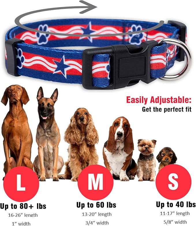 Native Pup American Flag Dog Collar- Red White and Blue- Patriotic Collars for 4th of July, USA- Adjustable Small, Medium, Large Breed Dogs (Medium, Paws)