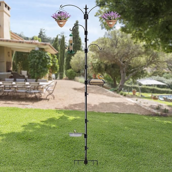yosager Premium Bird Feeding Station Kit, 90" x 23" Birds Feeder Pole, Planter Hanger, Multi Feeder Hanging Kit with Metal Suet and Bath for Bird Watching, Attracting Wild Birds