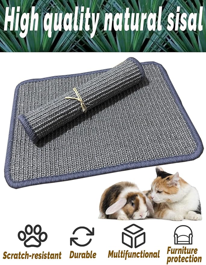 Rabbit Scratching Pad 2 Pack Natural Sisal Bunny Scratcher Mat Bunny Scratch Foot Pad Small Animal Grinding Claw Pad Rug for Guinea Pigs Chinchillas (Gray)