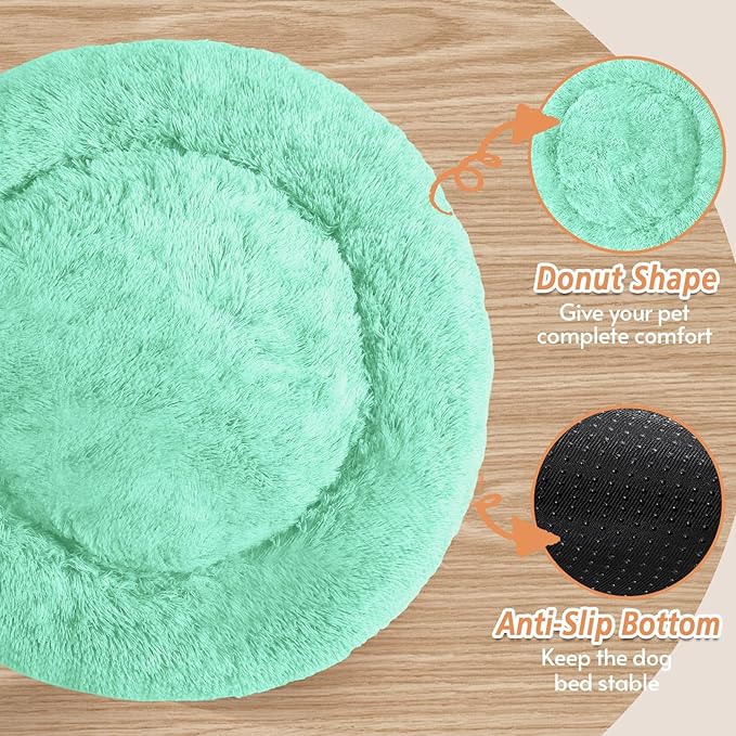 JOLLYVOGUE Calming Dog & Cat Bed for Small Dogs, Anti-Anxiety Donut Cuddler Cozy Soft Round Bed with Anti-Slip Bottom, Fluffy Faux Fur Plush Cushion Beds for Small Medium Dogs (27")