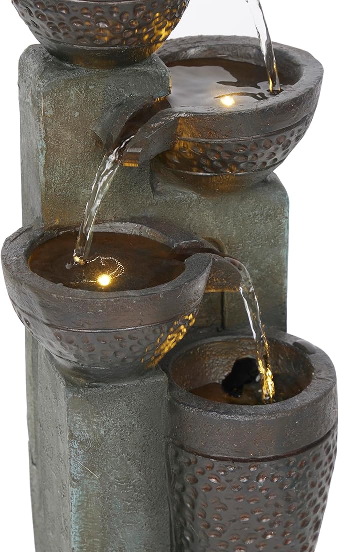 Alpine Corporation TZL412 14" Stoned Jar Cascading Water Fountain with LED Lights – Elegant Tabletop Water Feature for Home, Office, Living Room, Bedroom, and Desk Décor, Gray