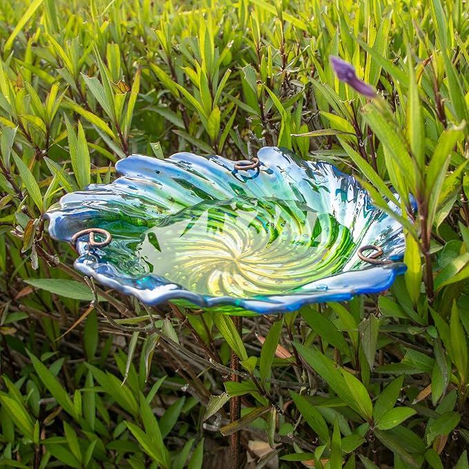 MUMTOP Glass Bird Baths for Outdoors, Garden Bird Bath Bowl with Metal Stake Birdbaths for Outside Yard Outdoor, Green