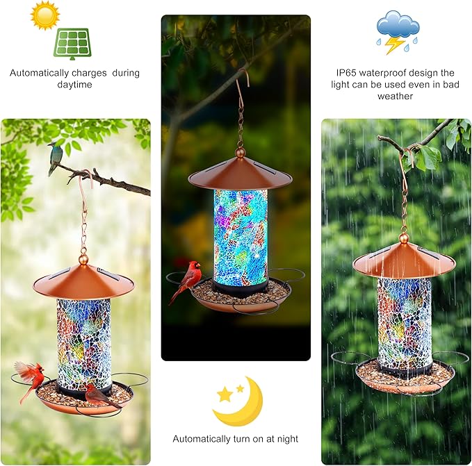 Ottsuls Solar Bird Feeder for Outdoors Hanging, Luxury Mosaic Birdfeeder Metal Vintage Lantern, Unique Bird Lovers Garden Gift for Mom,Dad, Grandma,Birthday
