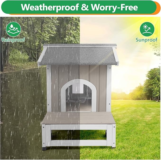 PetsCosset Outdoor Cat House Weatherproof with Balcony Feral Cat Shelter for Outside, Wooden Pet House with Openable Roof, Raised Base, Escape Door