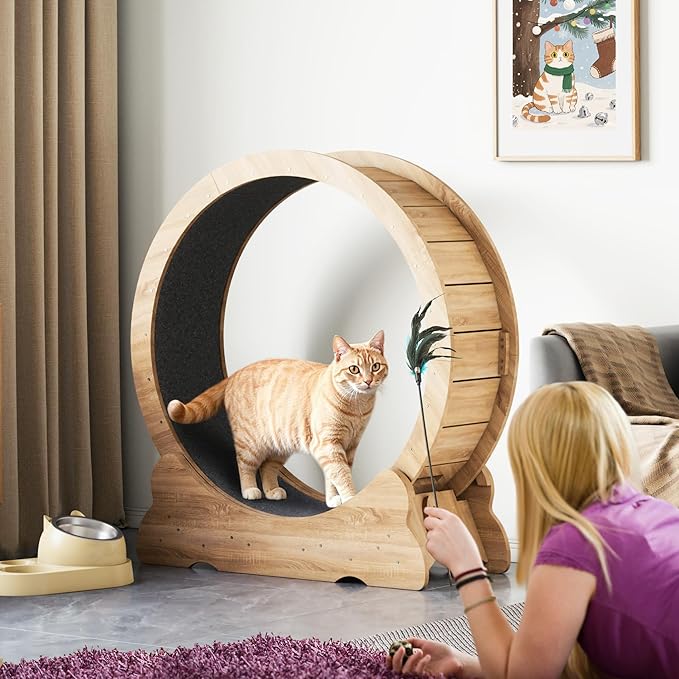 Cat Wheel, 35.4 Inch Cat Exercise Wheel for Indoor Cats Treadmill with Detachable Carpet and Teaser, for Running Walking Training, Natural Wood