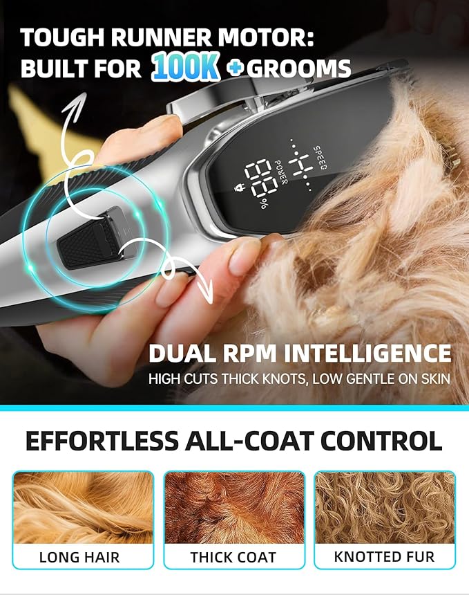 Dog Grooming Kit Low Noise,Cordless 4 in 1 Dog Clippers for Grooming Rechargeable Pet Cat Hair Trimmer with 2 Speed,6 Guards,Scissors,Comb for Small Medium Large Pets Dogs Cats Thick Hair Sliver