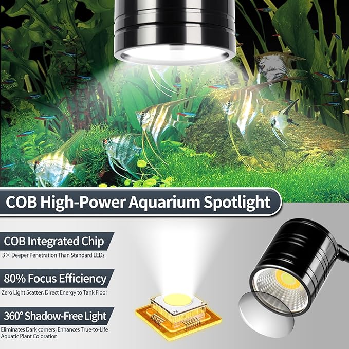 UPETTOOLS Aquarium LED Light 10W, 2700K-6000K Fish Tank Spotlight with 3 Light Colors, Adjustable Light Head, for Different Models Planted Freshwater Tank