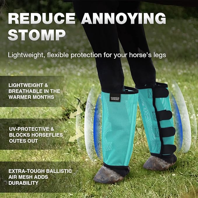 Harrison Howard Loose Fitting Fly Boots UV-Protective Extra Tough Mesh Ventilated Four Fasteners Stay-on Design Protect Horse Legs & Stomp-Reducing Set of 4 Mint Small