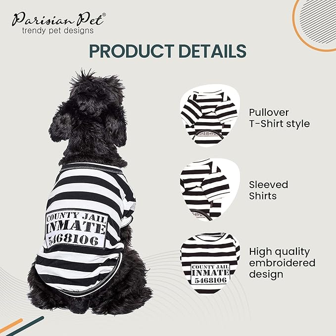 Parisian Pet Dog Shirt - Prisoner Costume - Black and White Striped Cotton Clothes - Lightweight Polyester Sleeved Outfit for Large Dogs - 4XL