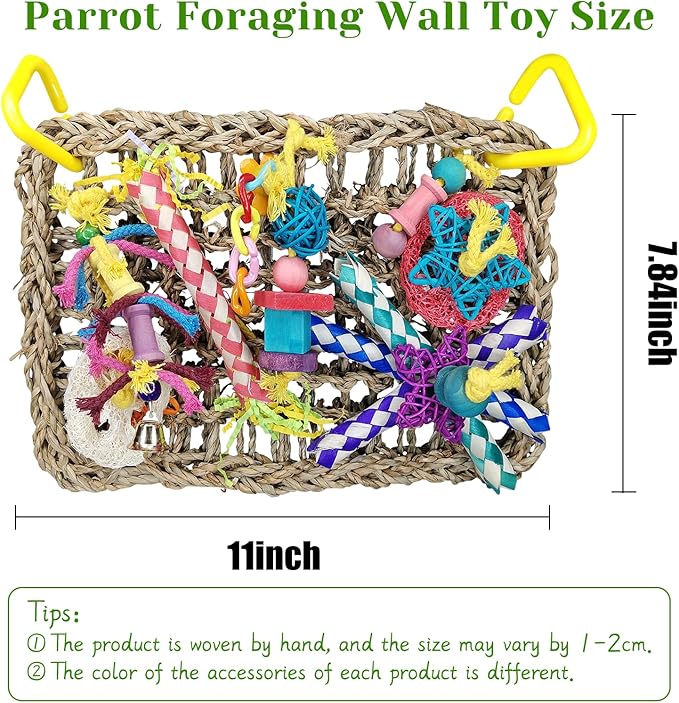 Fhiny Bird Foraging Toys, Parrot Chew Toys Seagrass Climbing Hammock Mat with Shredder Papers Wood Blocks Chewing Toys Suitable for Budgies Parakeets Love Birds